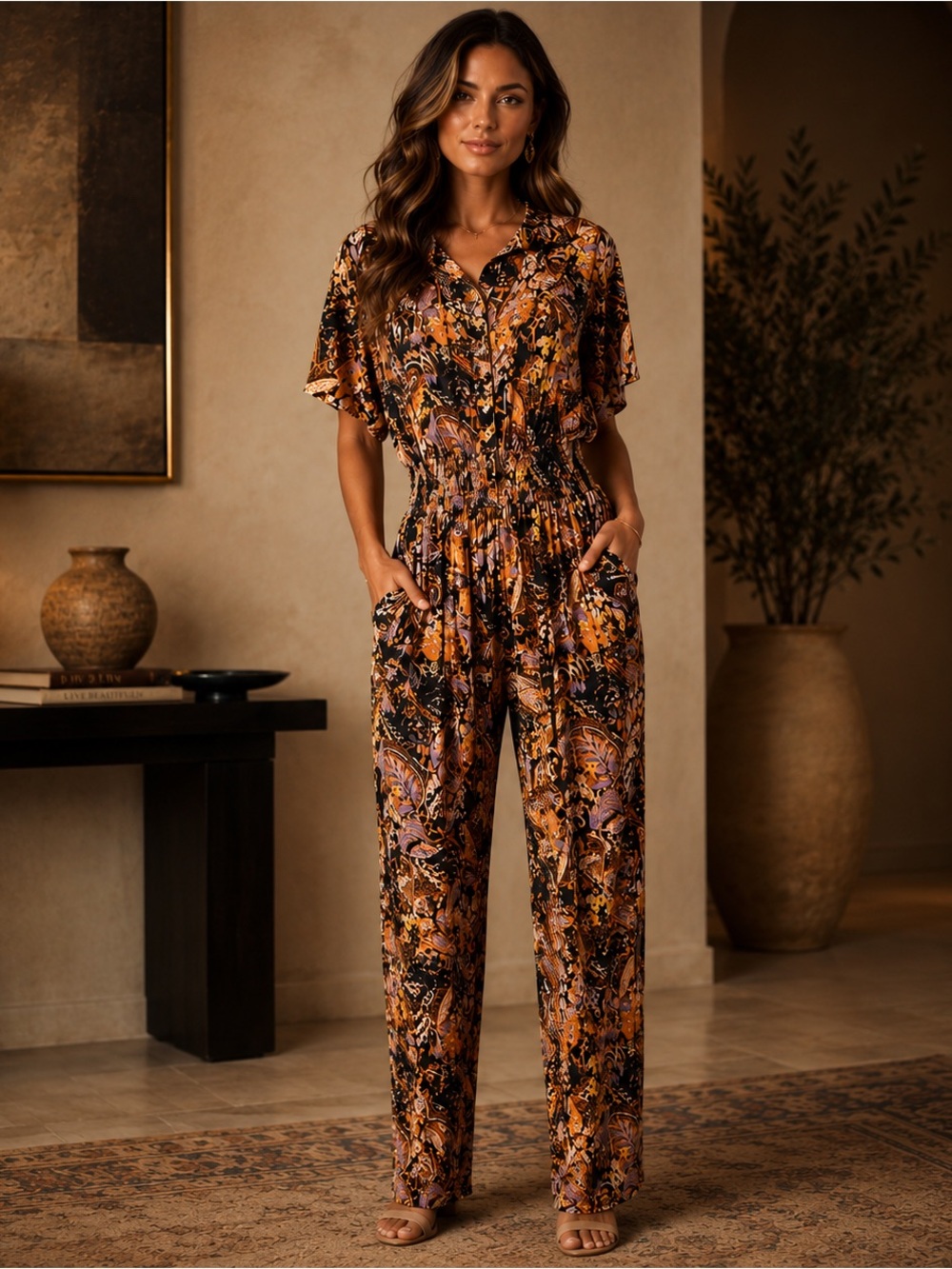 RAFAEL Floral Button-Front Short-Sleeve Jumpsuit in Rust and Black